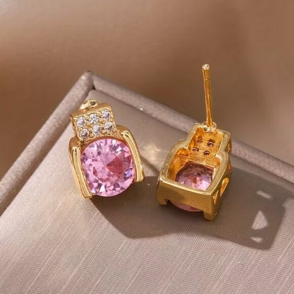 18K Gold Womens 2ct Pink Sapphire Gemstone 1ct Diamond Oval Stud Earrings NEW - Picture 3 of 5